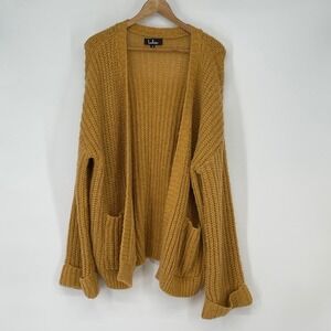 Lulus Oversized Slouchy Knit Cardigan Sweater Mustard Yellow Pockets M Boxy